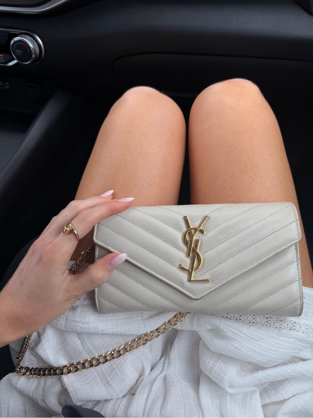 Saint Laurent Wallet On Chain W Quilted Leather purse cream white WOC Gold YSL